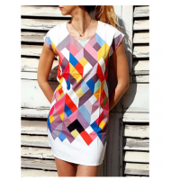 Chic Scoop Collar Short Sleeve Geometric Print Dress For Women 